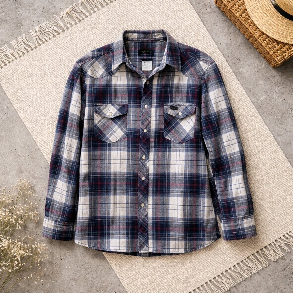 Men's Wrangler Size Large Flannel Shirt Pearl Snaps Blue White Red Plaid Euc